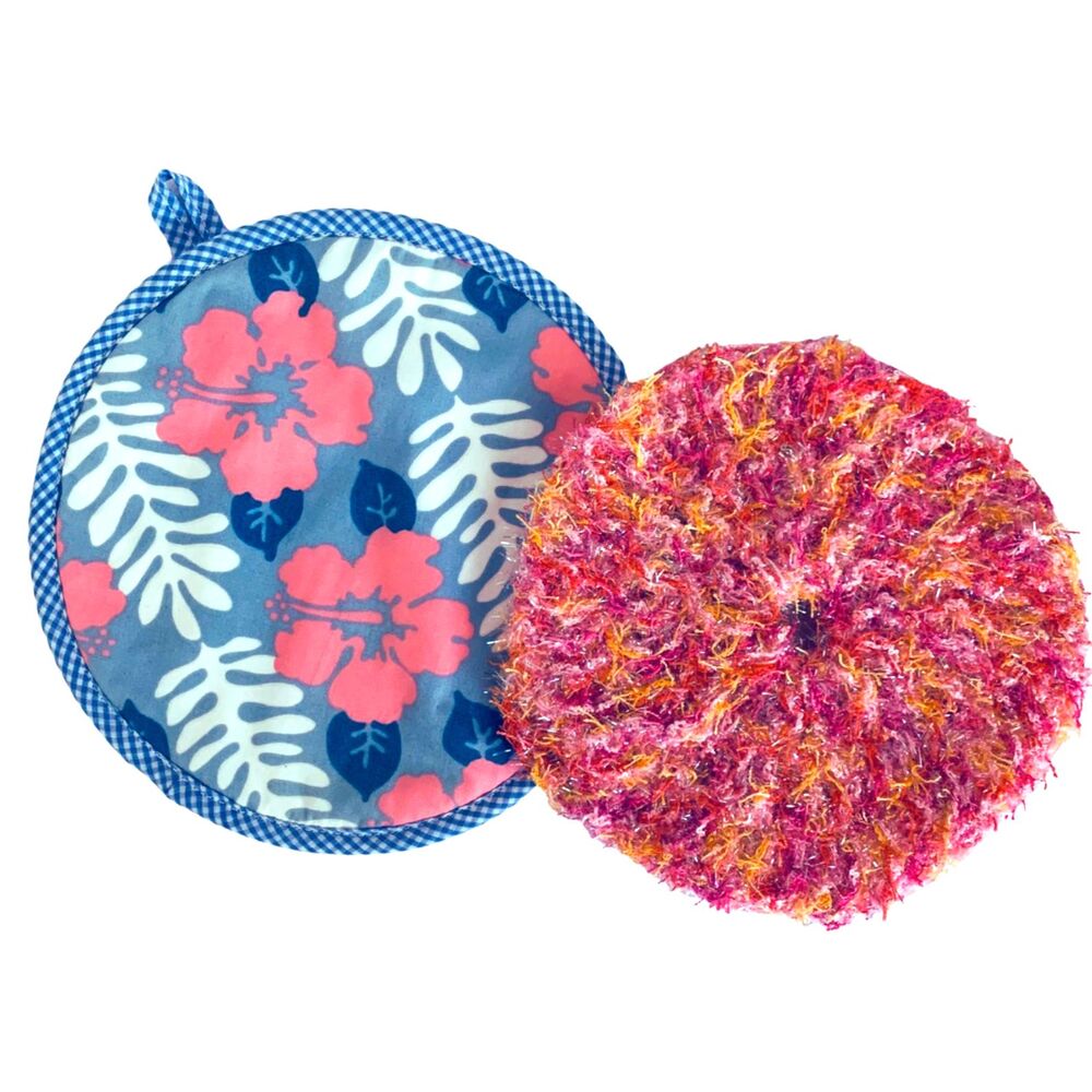 Hand Made Hawaiian Hibiscus Pot Holder and Crochet Nylon Dish Scrubby Set